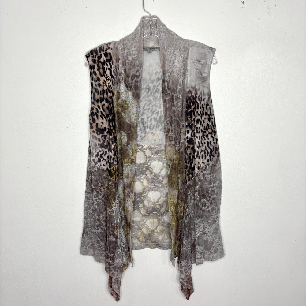 Closet Full Open Front Vest Large Gray Brown Leopard Print Lace Whimsigoth Chic
